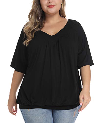 andy & natalie Women's Plus Size Tops Pleated V Neck Loose Baggy Blouse T Shirts2