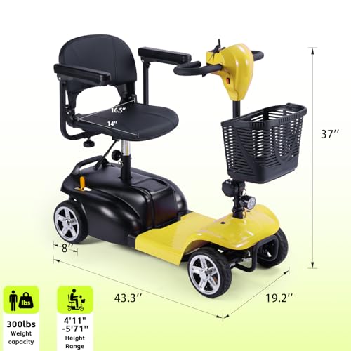 Image of 4 Wheel Mobility Scooter, Electric Scooter with Seat,Lightweight Mobility Scooter with Removable Battery. 6 MPH High Speed 265 lbs Capacity, Foldable Design (Basic Model-Yellow)