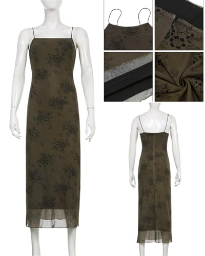 Image of Women Vintage Floral Print Spaghetti Strap Maxi Dress Dark Gothic Sheer Mesh Sleeveless Bodycon Dresses for Party Club