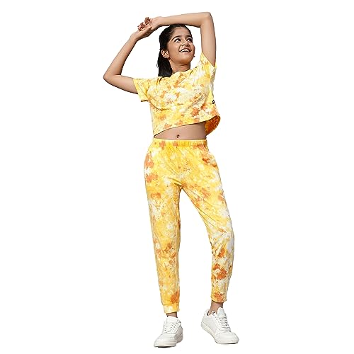 Image of TeenTrums Tie Dye Black Co-ord Set with Boat Neck Tshirt & Joggers, 100% Cotton, Fashion for Youth, Stylish Teen Fashion Collection, Tie Dye Set of Top & Bottom for Girls, Age 05 to 16 Years