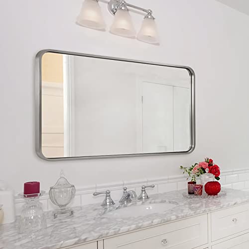 Image of ANDY STAR 24x40'' Bathroom Mirror for Wall, Brushed Nickel Rounded Rectangle Mirror for Vanity in Stainless Steel Tube Metal Frame Antirust Wall-Mounted Horizontal or Vertical
