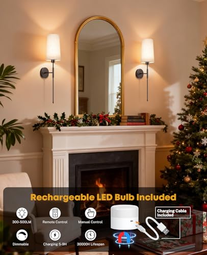 Image of Battery Operated Wall Sconce Set of 2, 13000mAh Rechargeable Battery Powered Sconces with Remote Dimmable Fabric Shade Wireless Sconces Fixture for Bedroom Living Room
