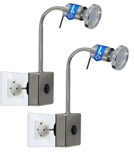 Trango 2er Pack 2607/2 LED Steckerleuchte *SKY* Nachtlicht in Edelstahl-Look incl. 1x 3000K warmweiß LED Leuchtmittel & ON/OFF Schalter Wandlampe Küchen Steckerlampe