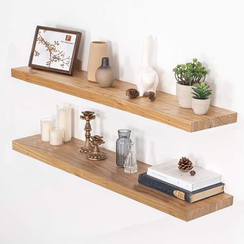 Image of Floating Shelves for Wall, 40 inchW x 9.3 inchD x 1.5 inchH Rustic Solid Elm Wood Wall Shelves, Set of 2 with Invisible Heavy-Duty Metal Bracket, Deep Floating Shelf for Living Room Kitchen, Natural Finish