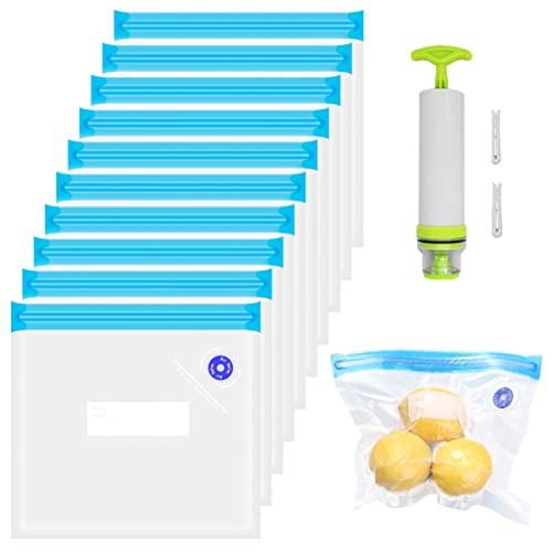 10 Bolsas para envasar al vacío(21 * 22 cm) con 1 Bomba de Mano, sin BPA, selladas, reutilizables, Sous Vide bolsas