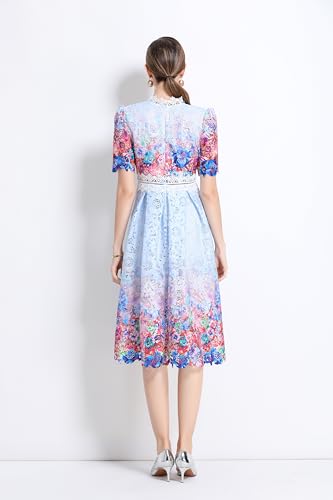 Image of LAI MENG FIVE CATS Women's Lace Floral Short Sleeve Crochet Waist Cocktail Midi Dress