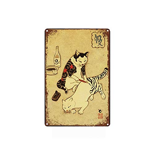 Japanese Samurai Cat Tattoo Wall Art Metal Tin Sign The Butchers Guide Decor Bar Pub Home Vintage 12 * 8 Inch #TOP11