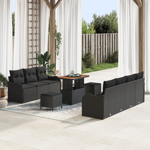 Homgoday Juego de 10 sofás de jardín con cojín negro de polirratán acacia, sofá de 2 plazas con espacio de almacenamiento y cojín, polirratán negro, juego de comedor de 3 piezas con cojín negro de