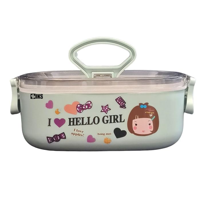 Kids Premium 600ML Lunch Box Stainless Steel Cartoon Print 1 Compartment with Spoon, Food Grade Clip Lock Leak Proof Container for School Travel Picnic (Blue)