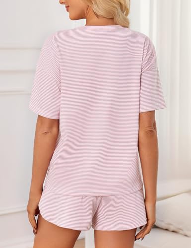 JUSTFASHIONNOW Womens Pajama Sets Shorts Striped Print Two Piece Lounge Sets Crew Neck Sleepwear Split Shorts Set Soft Pjs4