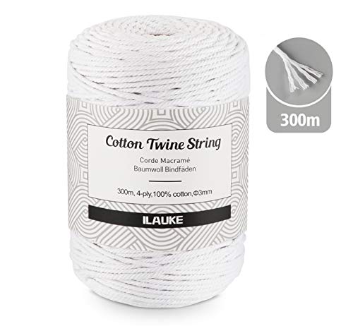 ilauke Corde de Coton 300m Corde en macramé 4-Ply 3mm Naturel Coton Cordon pour Tissage Attrapeur de Rêves,Tentures Murales,Cadeaux décoratifs de Bricolage,demballages,DIY Plante Cintre-Blanc