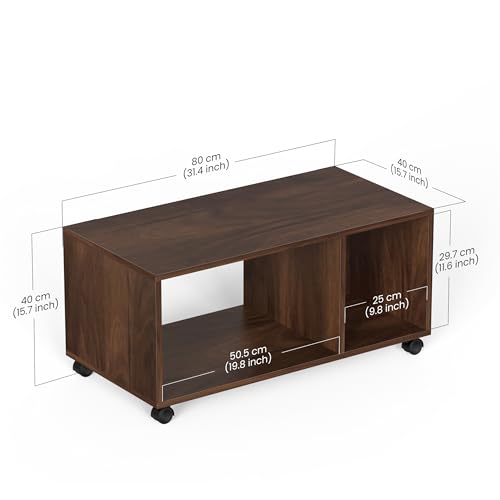Image of BLUEWUD Taury Engineered Wood Coffee Center Sofa Tea /Teapoy Console Table with Wheels or Casters for Sofa Set Living Room Home Hall Furniture (Brown Maple)