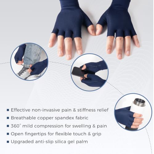 Image of Copper Arthritis Gloves for Women Men, Fingerless Breathable & Moisture Wicking Arthritis Compression Gloves for Relieving Carpal Tunnel Aches, Rheumatoid Pains, Joint Swell Navy M
