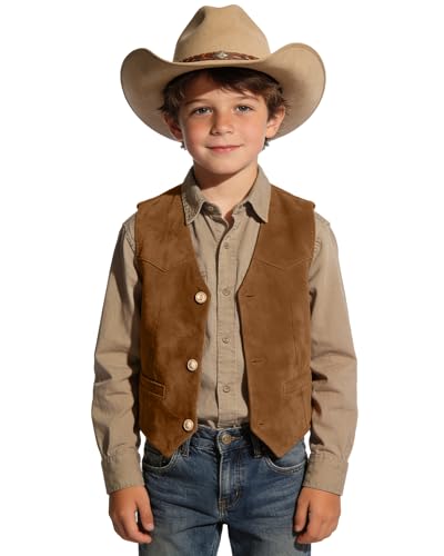 Image of Retro Boys Western Cowboy Vest for Kids Leather Suede Waistcoat | vintage dress vests, welt pockets, v-neck, adjustable waist, formal slim fit, wedding outfit, farm christmas birthday prom