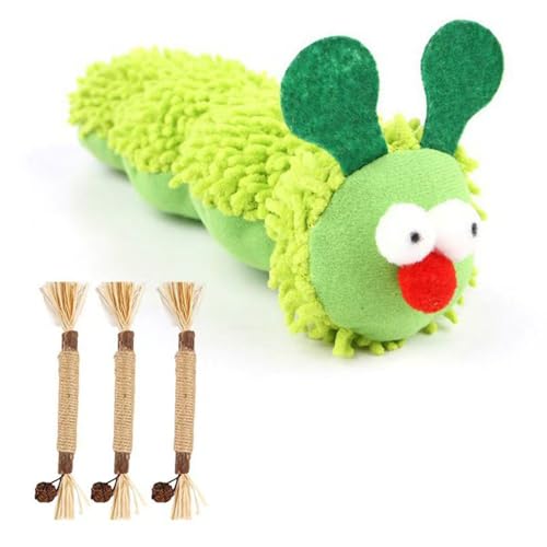 XFSRG Gioco per Gatti a Forma di Bruco Verde in Peluche con Erba Gatta Giochi Interattivi per Gatti Accessori per Divertimento in Casa (2)
