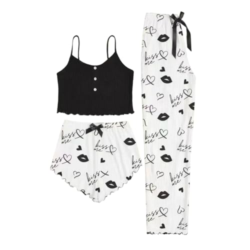 3 Piece Pajamas for Women Set Sexy Cami Shorts and Pjs Pants Sleepwear Soft Lounge Set Cute Fashion Outfits Clothes Black-XXL