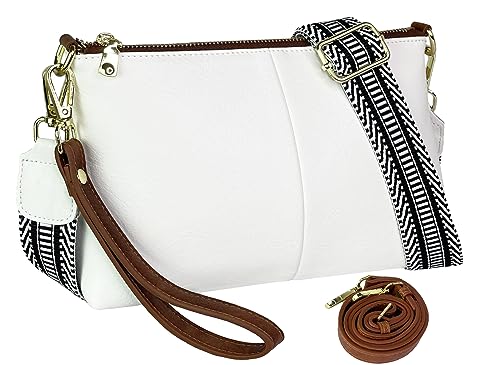 lifwimner Small Crossbody Clutch Purses Bags for Women Wristlet Wallet Vegan Shoulder Handbags Guitar Strap + Leather Strap(White Brown)
