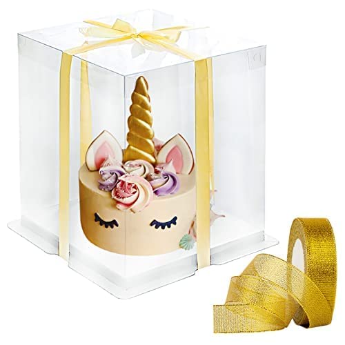 Yemiany boîte transparente cadeau, 1 pièce Boîte à gâteaux transparente Ruban dor, À la mode et stable, adapté aux anniversaires, etc. (Ruban-2.5cmx22m/8 pouces double couche) Cover
