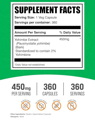 bulksupplementscom yohimbe extract capsules - yohimbe bark extract yohimbe supplements herbal supplement - gluten free 1 veg capsule per serving 360 capsules pack of 1