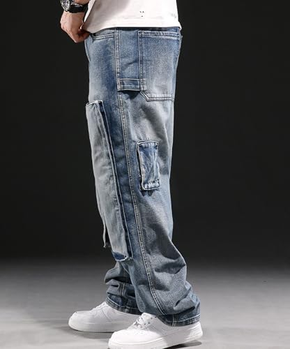 Men's Baggy Cargo Denim Pants Regular Fit Straight-Leg Hip Hop Jeans with Multiple Pockets3