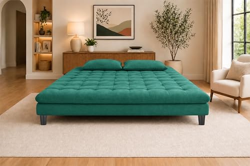 Image of 3-Seater Velvet Sofa Cum Bed, Tufted Convertible Sleeper Couch, Space-Saving Design, Comfortable Cushioned Seating - Green