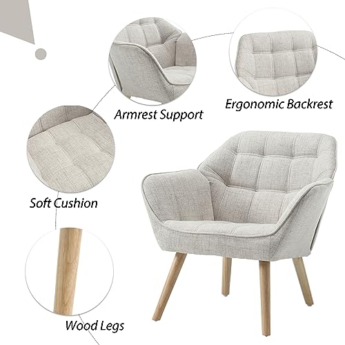 chairus 2er Set Gepolsterter Armlehnensessel Leinen Einzelsofa Loungesessel für Wohnzimmer Modern Armlehnstuhl mit Holzbeinen (Beige-2) – Bild 6