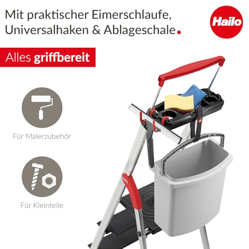 Hailo Stehleiter L100 Topline im Set mit TP1 Treppenpodest - klappbare Aluleiter mit 4 XXL-Sicherheits-Stufen - Arbeitsplattform mit stabilem Rahmen aus Aluminium - belastbar bis 150 kg