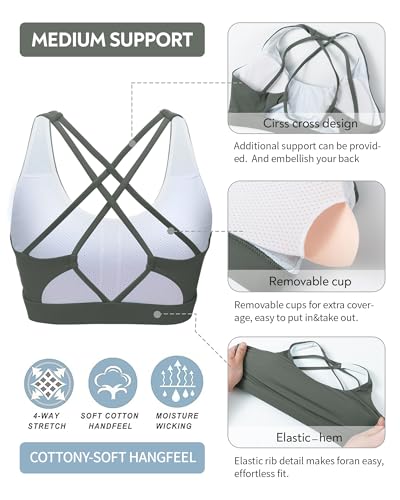 Image of Sports Bras for Women, Medium-High Support Strappy Padded Running Sports Bras with Removable Cups
