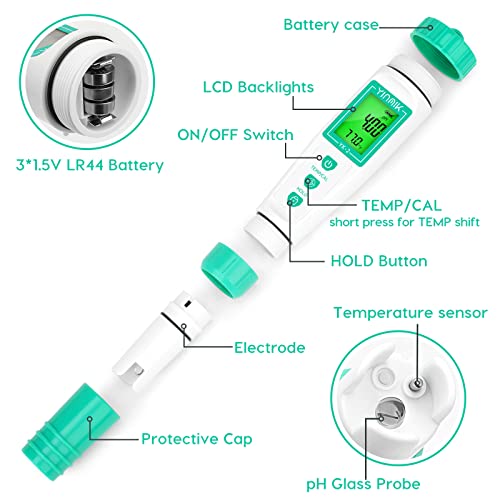 Image of YINMIK Digital pH Meter with Extra Replaceable Probe, Pocket pH Tester for Hydroponics, Accurate Water Tester for Swimming Pool Hot Tub Aquariums Home Wine Brewing