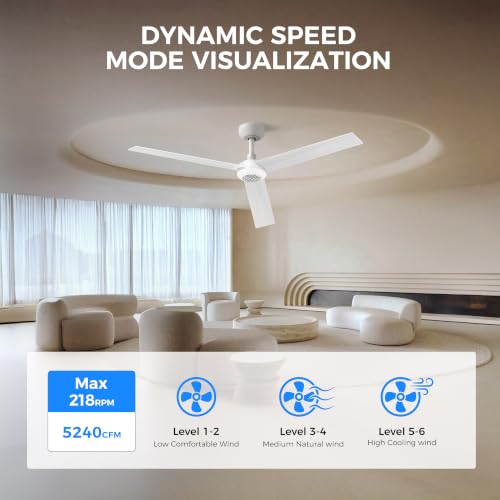 Image of TALOYA 52 inch Ceiling Fan,White Finish,6-Speed,Dimmable,Noiseless,Reversible DC Motor,3 blades