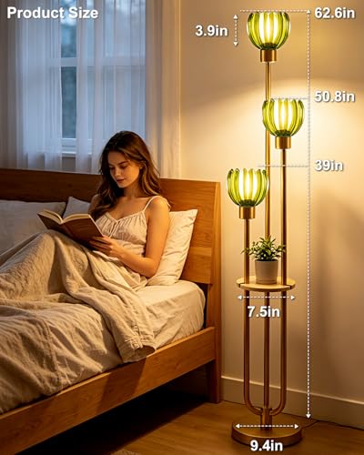 Image of Lightdot 3-Lights Glass Floor Lamp for Living Room Modern Gold Floor Lamps with Lotus Green Glass Shade& Bulbs Included for Wedding /Party Tall Standing Lamp for Bedroom /Sofa Beside /Corner Decor