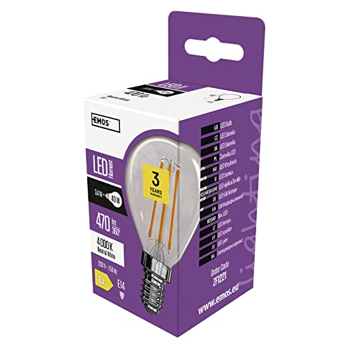 EMOS LED Lampe Edison Mini Globe, 3,4W Ersatz für 40W Glühbirne, klare Vintage-Glühlampe mit E14 Sockel, Helligkeit 470 lm, Neutralweiß 4000 K, 25000 h Lebensdauer, CRI min. 80, 320° Abstrahlwinkel
