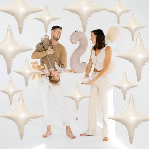 Image of Cream White Star Balloons,12Pcs Four Angle Star Foil Balloons | 26Inch and 10Inch Sand White Quadrangle Star Helium Balloon for Birthday Baby Shower Wedding Party Decorations