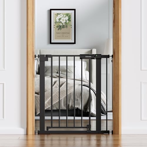 Babelio Baby Gate for Doorways and Stairs 26-31 Pet Gate with Wide Walk Thru Door and Lock Indicator No Drill Pressure Mounted Safety Gate with Double Lock and Self-Closing Black