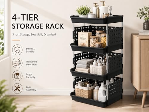 Image of KITCHIVO Multipurpose Storage Rack Organizer with Stainless Steel Pipes | Heavy Duty Plastic Shelf Stand for Kitchen, Bathroom, Laundry & Pantry (Black, 4 Layer)