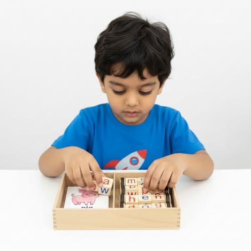Image of Montessori Wooden Spelling Game for 4 Year Old Boys - 54 Flash Cards, 3 Letter Word Puzzle, Learn First Words, Educational Learning Toy for Kids 3-5 Years