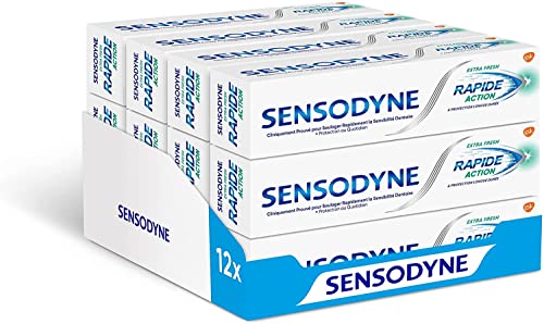 Sensodyne Pasta de dientes Rapid Action Extra Fresh, alivio rápido y protección de larga duración, limita la sensibilidad de los dientes, 12 x 75 ml