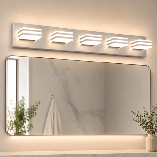 Image of Yumecrelect 5-Light Brushed Nickel Vanity Light Fixture, 34 Inch 40W 5CCT Dimmable LED Bathroom Wall Light with Clear Acrylic Shade, Hardwired Over Mirror Lighting for Master Bath
