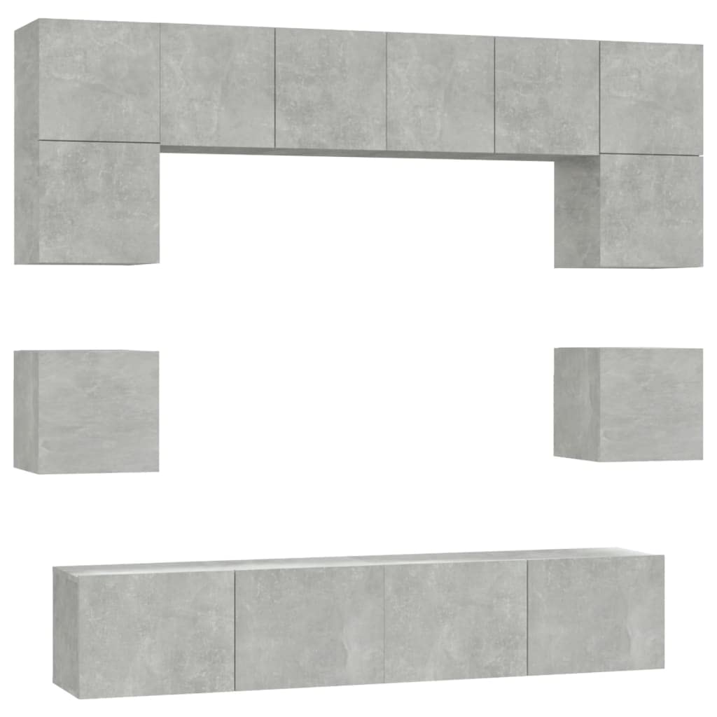 8-TLG. TV-Schrank-Set Betongrau, Holzwerkstoff, Wandmontage, Stauraum für Wohnzimmer, Media Center, modernes Design