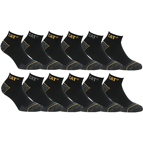 Caterpillar 12 Paia Calzini Sneaker Lavoro Lunghezza Caviglia - Rinforzo Punta Tallone - Supporto Arco Plantare - Cotone (Nero, 43-46)