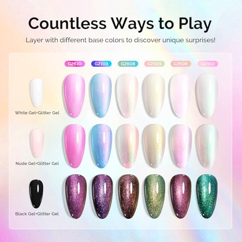 Image of MelodySusie 7.5ML Glitter Gel Nail Polish Set, 6 Colors Aurora White Sparkle Gel Polish Kit Aurora Blue Pink Shimmer Gel Polish Gifts for Women Nail Art Manicure Salon DIY Nail Design at Home