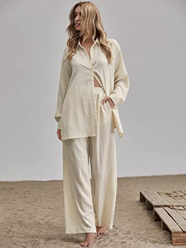 Floerns Women's 2 Piece Outfits Slit Hem Longline Blouse And Wide Leg Pants Set Plain Beige L #TOP4