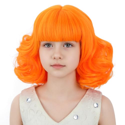 Kids Wig Short Curly Orange Bob Chlid Wigs with Bangs Synthetic Wigs with Wig Cap for Cosplay Party Costume