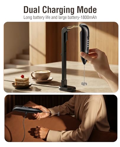 Image of Dynooper Electric Milk Frother Handheld: coffee frother rechargeable 3 in 1 - LED Display, Wireless Charging - 3 Speeds, Stainless Steel Whisk for Latte, Cappuccino - Bright Grey