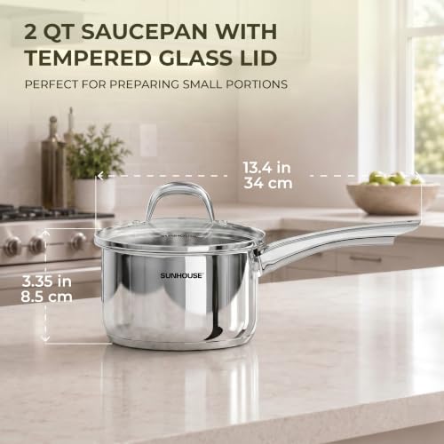 Image of Sunhouse 2 QT Stainless Steel Sauce Pan with Lid, Small Pot for Cooking, PFOA-Free, Advanced Impact Bonding Induction Base Mini Saucepan, Compatible with Induction, Ceramic, Gas