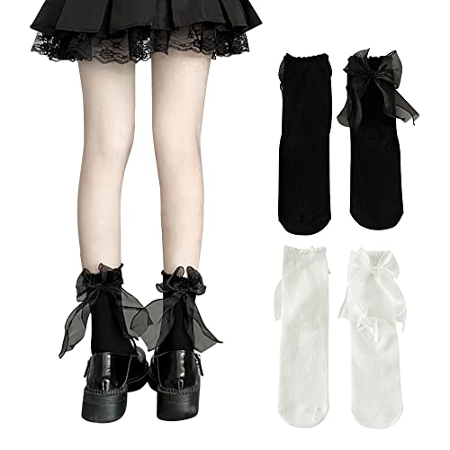 Sheer Ribbon Bow Ruffle Socks, Comfortable Sweet Cute Socks for Women and Girls, 2 Pairs (White&Black)
