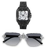Men’s Iced-Out Triple Cross Set – Frameless Sunglasses & 40mm Iced Square Watch, Bold Hip-Hop Fashion, Ideal Gift for Him - Black Finish