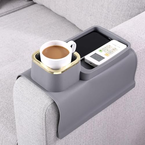 LESCATO Couch Cup Holder Tray - Silicone Sofa Armrest Table, Drink Holder, Organizer for Remote, Snacks, Cellphone, Anti-Spill, Anti-Slip Design (Modern, Grey)