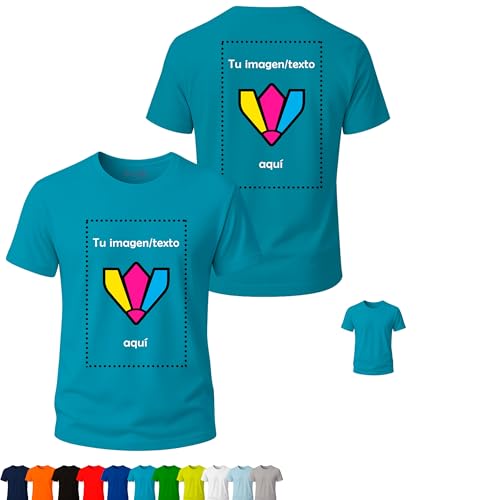 Camisetas personalizadas, 1 ó 2 caras (DTF), Packs 1, 5 ó 10, 11 colores, S–3XL, 100% algodón 155 g/m², con foto/logo/texto, grupos y empresas. (FR/ES, Letras, L, Regular, Regular, 1, Turquesa)