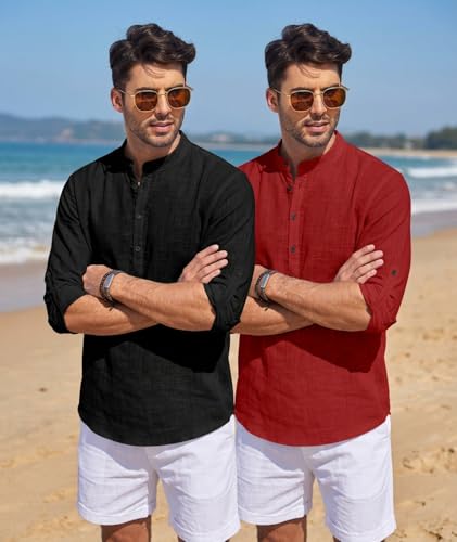 Image of Men's Cotton Blend Straight Kurta Shirt Combo with Mandarin Collar - Slim Fit Casual Short Kurti Set Featuring Textured Slub Fabric and Roll-Up Full Sleeves